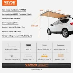 Car Side Awning Large 4.6 Ft. X 6.6 Ft. Shade Coverage Vehicle Awning PU 3000 Mm UV 50+ Retractable Car Awning -Patio Furniture Shop beige vevor shade cloths qccpsss46x66qepmpv0 76 1000