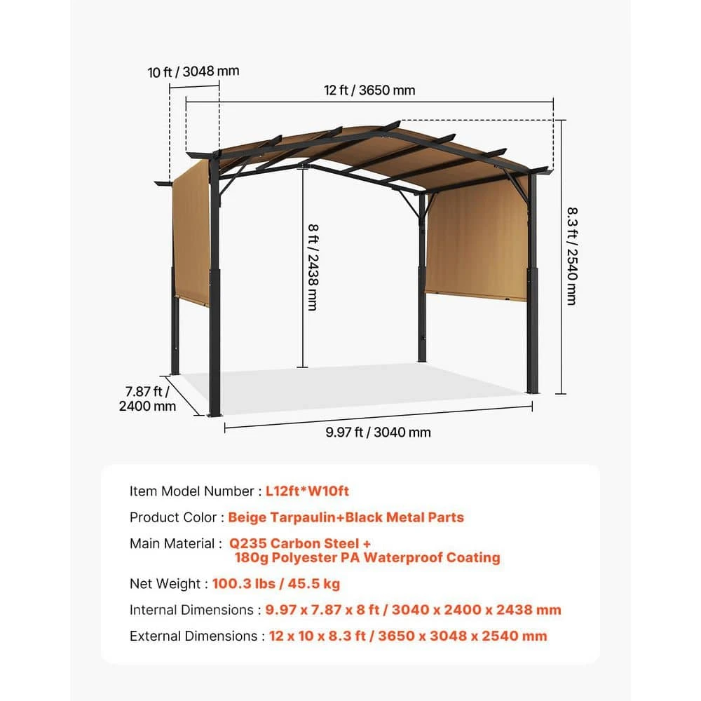 12 Ft. X 10 Ft. Outdoor Pergola, Arched Top Metal Pergola, Retractable Pergola With Sun Shade Canopy 9 12 Ft. X 10 Ft. Outdoor Pergola, Arched Top Metal Pergola, Retractable Pergola With Sun Shade Canopy - Image 7