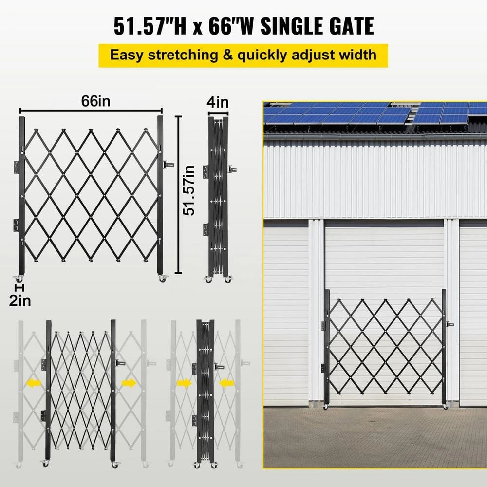 Folding Security Gate 51.57 In. H X 66 In. W Black SteelGarden Fence Panel Folding Door Gate With 360° Rolling Casters 4 Folding Security Gate 51.57 In. H X 66 In. W Black SteelGarden Fence Panel Folding Door Gate With 360° Rolling Casters - Image 2
