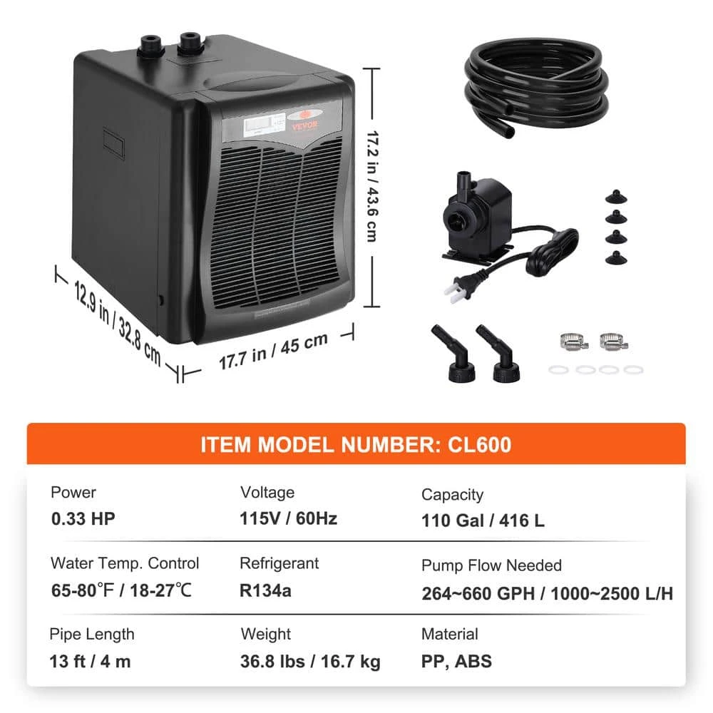 Aquarium Chiller 110 Gal. 416 L Quiet Refrigeration Compressor 1-3 HP Hydroponic Water Chiller 9 Aquarium Chiller 110 Gal. 416 L Quiet Refrigeration Compressor 1-3 HP Hydroponic Water Chiller - Image 7