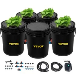 DWC Hydroponic System 5 Gal. 5 Buckets Deep Culture Growing Kit With Pump For Outdoor Leafy Vegetables In Black