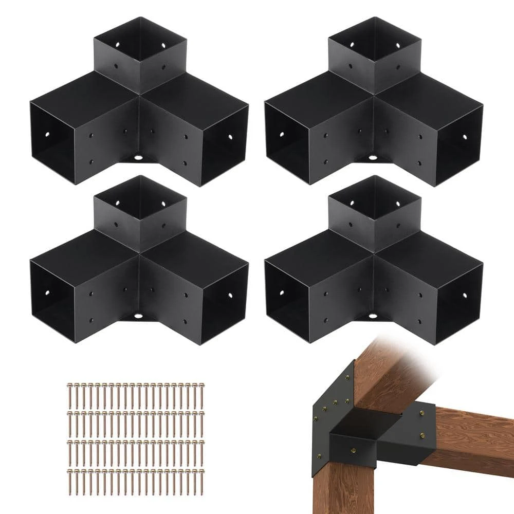 Pergola Bracket Kit 4 In. X 4 In. 4-Piece 3-Way Heavy-Duty Corner Bracket Woodworks DIY Post Base Kit Easy Installation 3 Pergola Bracket Kit 4 In. X 4 In. 4-Piece 3-Way Heavy-Duty Corner Bracket Woodworks DIY Post Base Kit Easy Installation