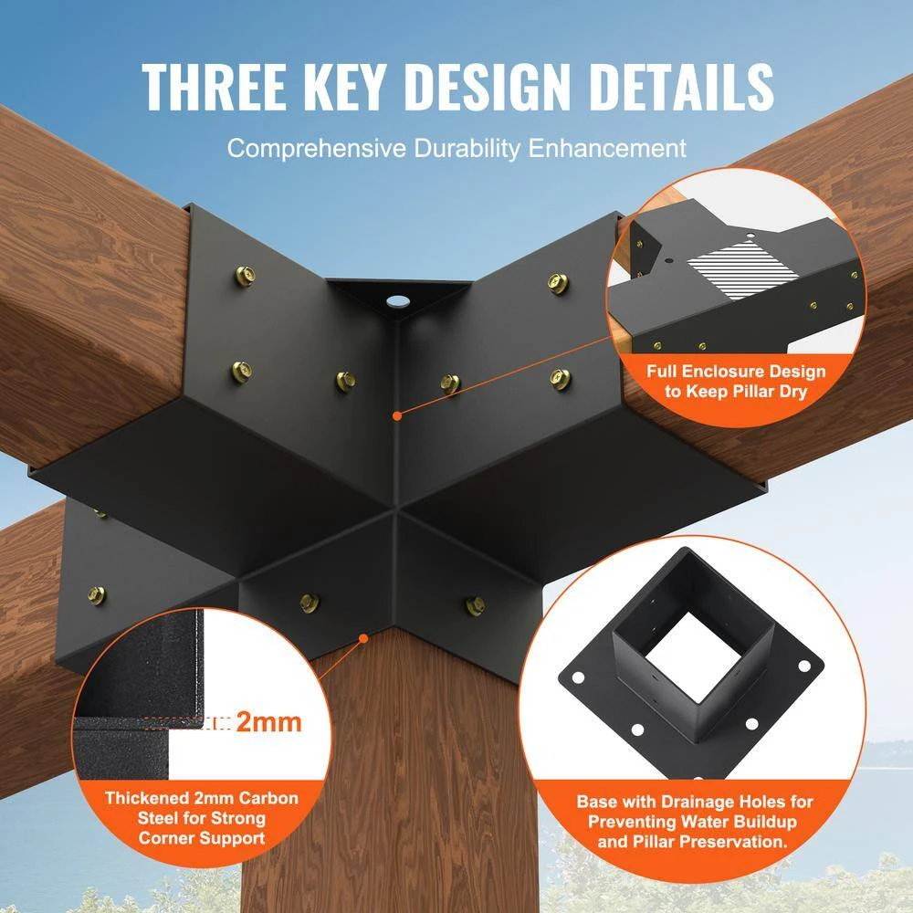 Pergola Bracket Kit 4 In. X 4 In. 4-Piece 4-Way Heavy-Duty Corner Bracket Woodworks DIY Post Base Kit Easy Installation 5 Pergola Bracket Kit 4 In. X 4 In. 4-Piece 4-Way Heavy-Duty Corner Bracket Woodworks DIY Post Base Kit Easy Installation - Image 3