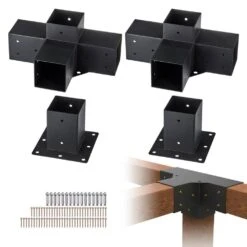 Pergola Bracket Kit 4 In. X 4 In. 4-Piece 4-Way Heavy-Duty Corner Bracket Woodworks DIY Post Base Kit Easy Installation