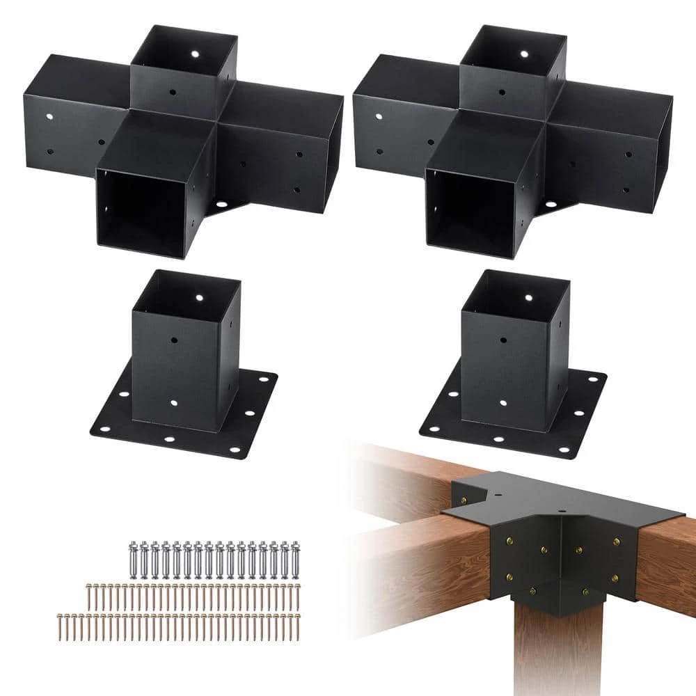 Pergola Bracket Kit 4 In. X 4 In. 4-Piece 4-Way Heavy-Duty Corner Bracket Woodworks DIY Post Base Kit Easy Installation 3 Pergola Bracket Kit 4 In. X 4 In. 4-Piece 4-Way Heavy-Duty Corner Bracket Woodworks DIY Post Base Kit Easy Installation