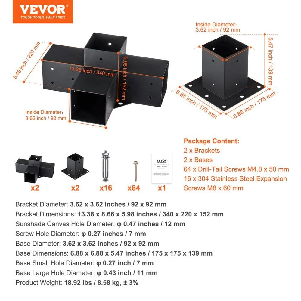 Pergola Bracket Kit 4 In. X 4 In. 4-Piece 4-Way Heavy-Duty Corner Bracket Woodworks DIY Post Base Kit Easy Installation 9 Pergola Bracket Kit 4 In. X 4 In. 4-Piece 4-Way Heavy-Duty Corner Bracket Woodworks DIY Post Base Kit Easy Installation - Image 7