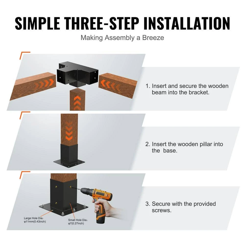 Pergola Bracket Kit 4 In. X 4 In. 4-Piece 4-Way Heavy-Duty Corner Bracket Woodworks DIY Post Base Kit Easy Installation 8 Pergola Bracket Kit 4 In. X 4 In. 4-Piece 4-Way Heavy-Duty Corner Bracket Woodworks DIY Post Base Kit Easy Installation - Image 6