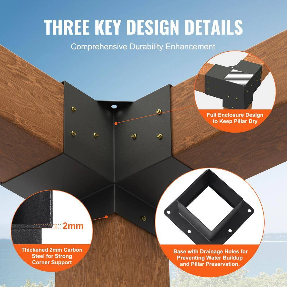 Pergola Bracket Kit 6 In. X 6 In. 8-Piece 3-Way Heavy-Duty Corner Bracket Woodworks DIY Post Base Kit Easy Installation 5 Pergola Bracket Kit 6 In. X 6 In. 8-Piece 3-Way Heavy-Duty Corner Bracket Woodworks DIY Post Base Kit Easy Installation - Image 3