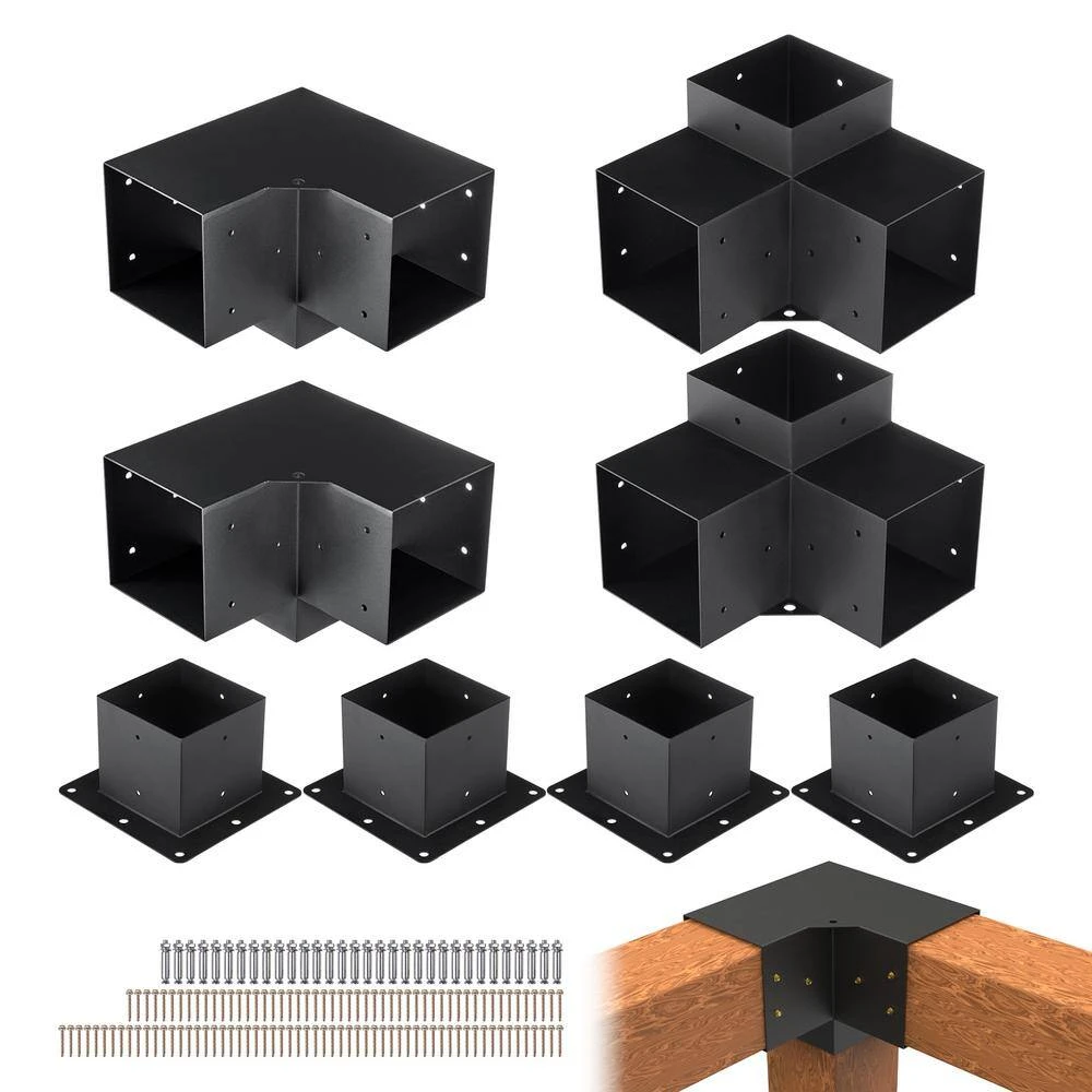 Pergola Bracket Kit 6 In. X 6 In. 8-Piece 3-Way Heavy-Duty Corner Bracket Woodworks DIY Post Base Kit Easy Installation 3 Pergola Bracket Kit 6 In. X 6 In. 8-Piece 3-Way Heavy-Duty Corner Bracket Woodworks DIY Post Base Kit Easy Installation