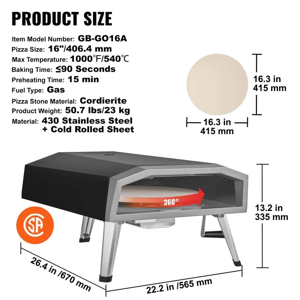 Portable Pizza Oven, Propane Powered 16 In. Outdoor Pizza Oven Pizza Grill With 360° Pizza Stone In Black, CSA Listed 9 Portable Pizza Oven, Propane Powered 16 In. Outdoor Pizza Oven Pizza Grill With 360° Pizza Stone In Black, CSA Listed - Image 7