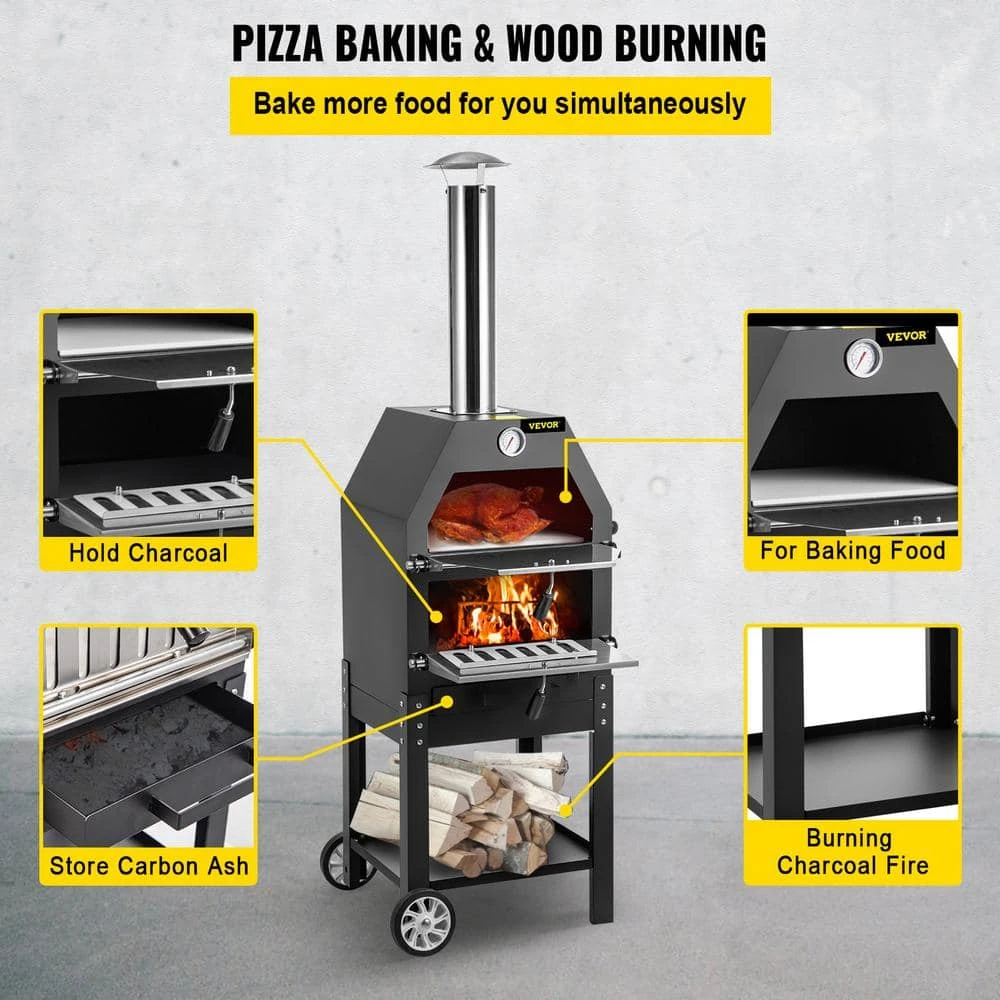 Pizza Oven 12 In. Removable Wheels 2-Layer Charcoal Burning Outdoor Pizza Oven With Pizza Stone For Barbecue In Black 5 Pizza Oven 12 In. Removable Wheels 2-Layer Charcoal Burning Outdoor Pizza Oven With Pizza Stone For Barbecue In Black - Image 3