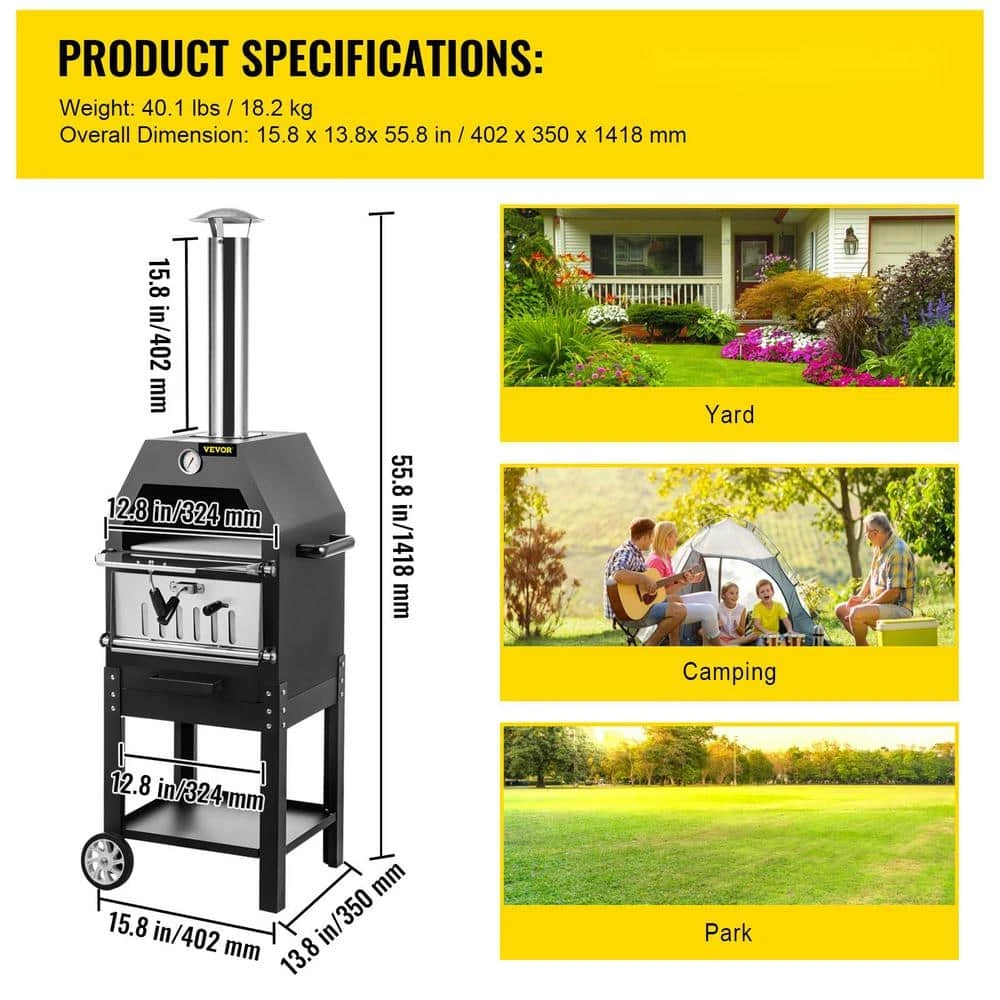 Pizza Oven 12 In. Removable Wheels 2-Layer Charcoal Burning Outdoor Pizza Oven With Pizza Stone For Barbecue In Black 9 Pizza Oven 12 In. Removable Wheels 2-Layer Charcoal Burning Outdoor Pizza Oven With Pizza Stone For Barbecue In Black - Image 7
