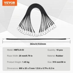 10 Piece Flat Bungee Cord, 20 Mm Heavy Duty Bungee Straps W/ Steel S-Hooks, 36 In. Elastic Bungee Rope For Cargo, Tarps -Patio Furniture Shop black vevor plant hangers dlkzd36inch1y2zi5v0 76 1000