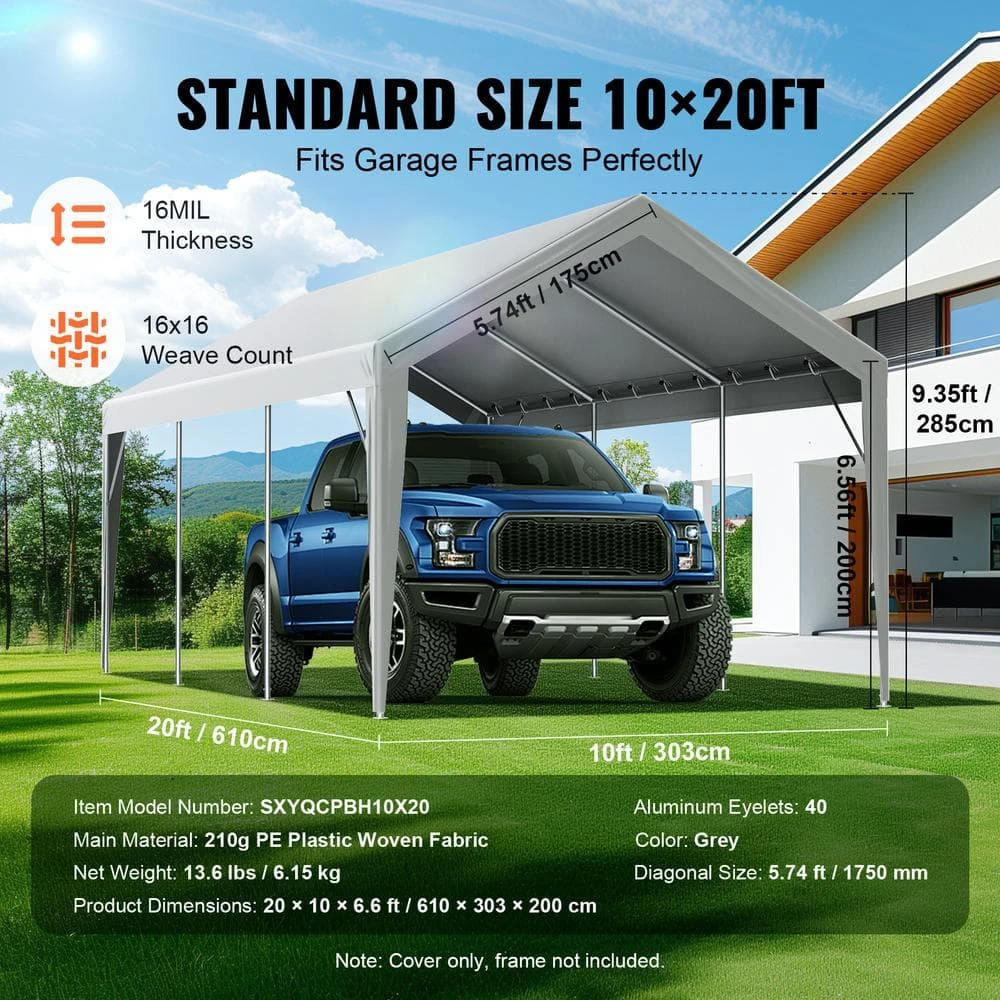 10 X 20 Ft. Carport Replacement Canopy Cover Garage Waterproof And UV Protected Grey (Only Top Cover Frame Not Include) 6 10 X 20 Ft. Carport Replacement Canopy Cover Garage Waterproof And UV Protected Grey (Only Top Cover Frame Not Include) - Image 4