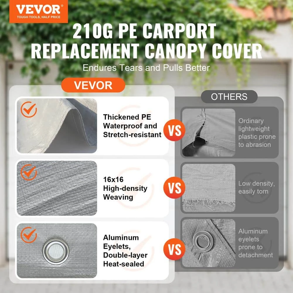 10 X 20 Ft. Carport Replacement Canopy Cover Garage Waterproof And UV Protected Grey (Only Top Cover Frame Not Include) 4 10 X 20 Ft. Carport Replacement Canopy Cover Garage Waterproof And UV Protected Grey (Only Top Cover Frame Not Include) - Image 2