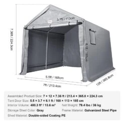 Compact Outdoor Shelter, 7 X 12 X 7. 36 Ft. Durable Season-Long Storage Canopy, Instant Setup Tent With Rolling Zip Door -Patio Furniture Shop gray vevor canopy parts tycwp7ftx12fttuicv0 1021 76 1000