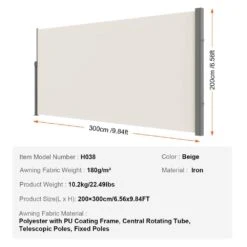 Retractable Side Awning 79 In. X 118 In. Outdoor Privacy Screen, 180 G Polyester Water-Proof Retractable Patio Screen 16 Retractable Side Awning 79 In. X 118 In. Outdoor Privacy Screen, 180 G Polyester Water-Proof Retractable Patio Screen -Patio Furniture Shop gray vevor shade cloths ksscp200x3001sm6gv0 76 1000