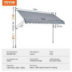 138 X 47 In. Patio Awning Retractable, Awning Sunshade Shelter With Manual Crank Handle, Outdoor Patio Canopy Deck -Patio Furniture Shop grays vevor shade cloths ssszyphslzs1makgbv0 76 1000
