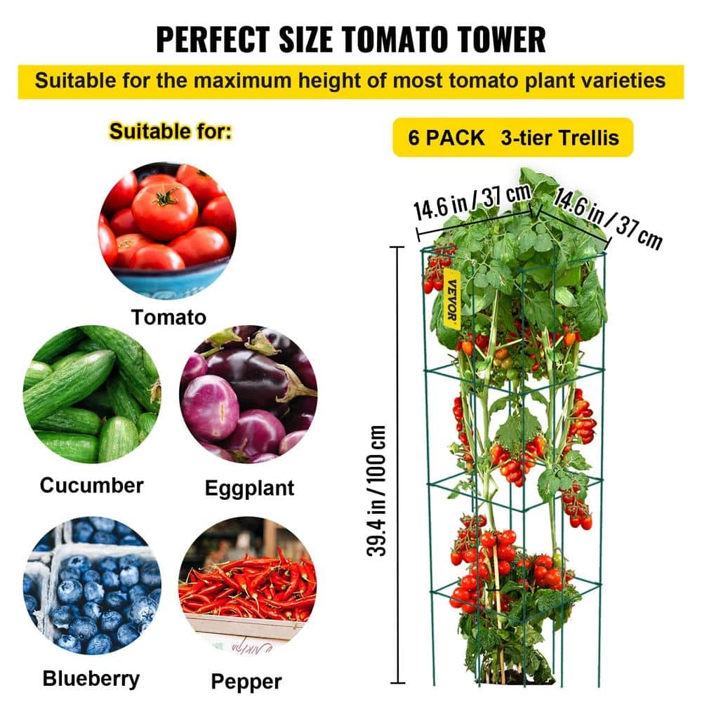 14.6 In. X 14.6 In. X 39.4 In. Tomato Cages For Garden Square Plant Support Cages Green Steel Tomato Towers (3-Pack) 5 14.6 In. X 14.6 In. X 39.4 In. Tomato Cages For Garden Square Plant Support Cages Green Steel Tomato Towers (3-Pack) - Image 3
