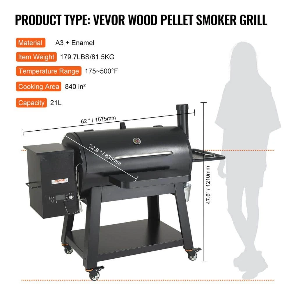 Pellet Smoker 840 Sq. In Portable Wood Pellet Grill With Cart 8 In. 1 BBQ Grill, Black 9 Pellet Smoker 840 Sq. In Portable Wood Pellet Grill With Cart 8 In. 1 BBQ Grill, Black - Image 7