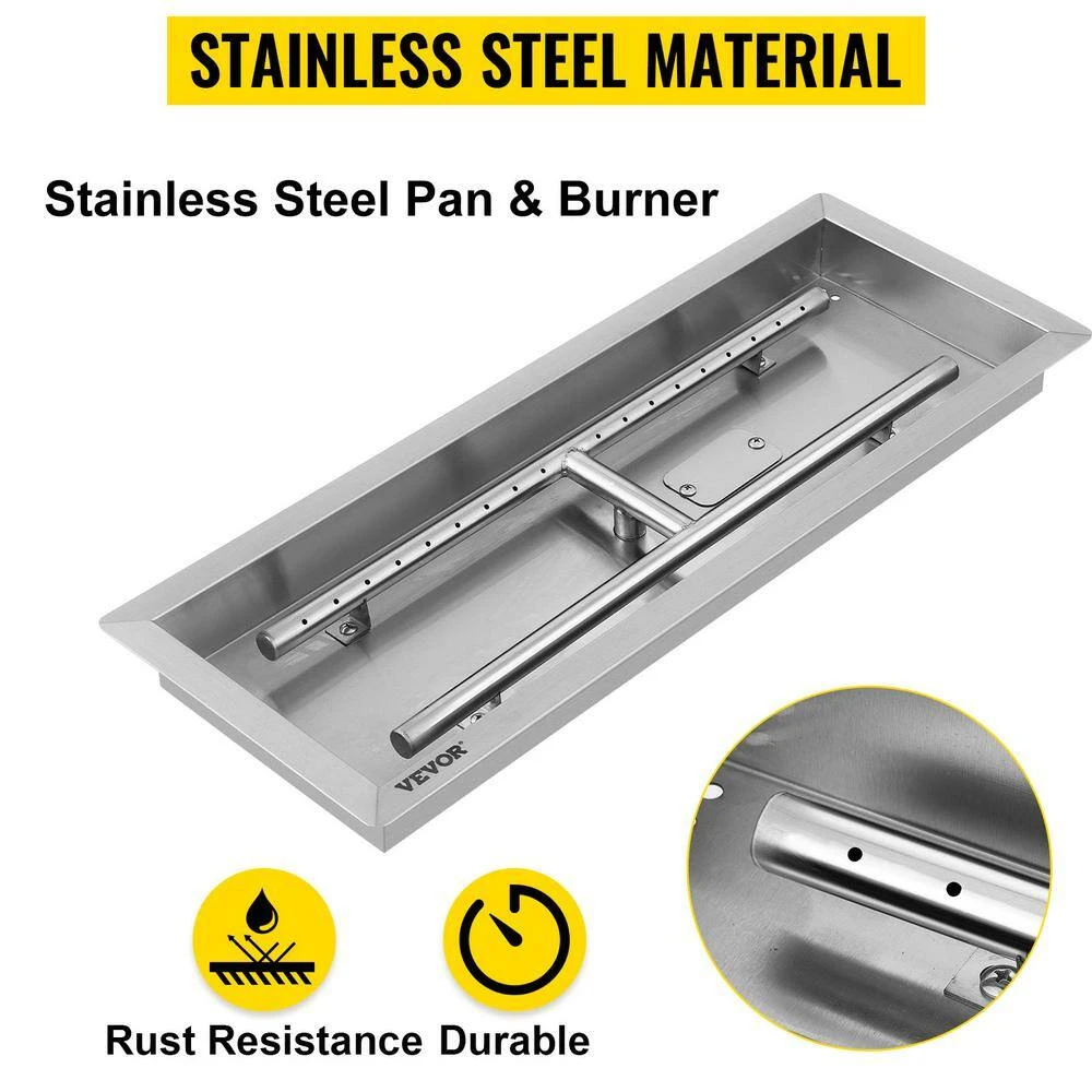 25.5 In. X 10 In. Drop In Fire Pit Pan 90 K BTU Stainless Steel Rectangular Built-in Fire Pit Pan With H-Burner 5 25.5 In. X 10 In. Drop In Fire Pit Pan 90 K BTU Stainless Steel Rectangular Built-in Fire Pit Pan With H-Burner - Image 3