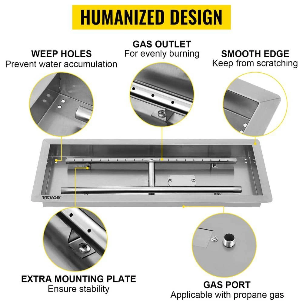 25.5 In. X 10 In. Drop In Fire Pit Pan 90 K BTU Stainless Steel Rectangular Built-in Fire Pit Pan With H-Burner 4 25.5 In. X 10 In. Drop In Fire Pit Pan 90 K BTU Stainless Steel Rectangular Built-in Fire Pit Pan With H-Burner - Image 2