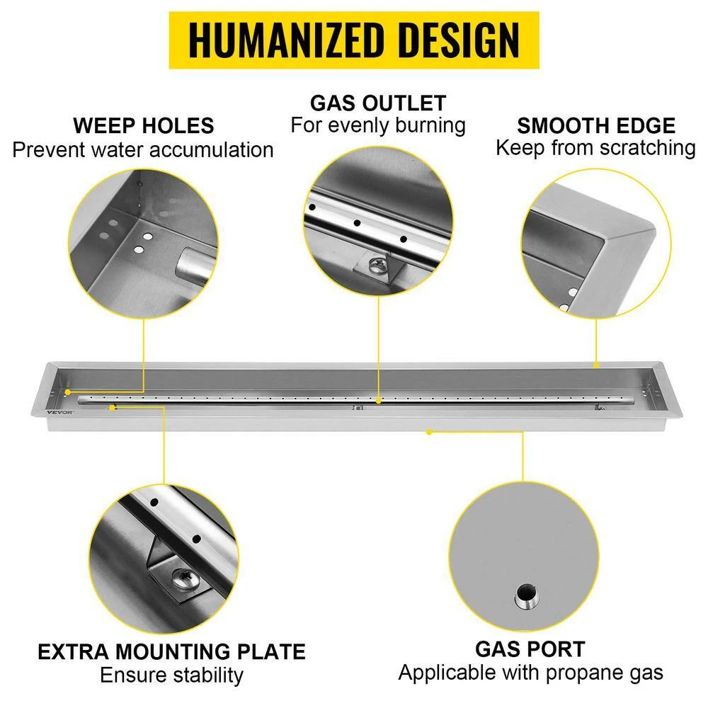 Fire Pit Pan 49 X 8 In. Stainless Steel Linear Trough Fire Pit Pan And Burner 90 K BTU Built-in Fire Pit Burner Pan 4 Fire Pit Pan 49 X 8 In. Stainless Steel Linear Trough Fire Pit Pan And Burner 90 K BTU Built-in Fire Pit Burner Pan - Image 2
