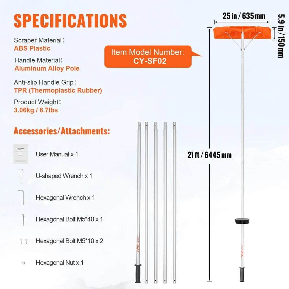 Snow Roof Rake 25 In. Plastic Blade Snow Removal Tool 21 Ft. Reach Aluminium Handle Superior Roof Shovel 8 Snow Roof Rake 25 In. Plastic Blade Snow Removal Tool 21 Ft. Reach Aluminium Handle Superior Roof Shovel - Image 7