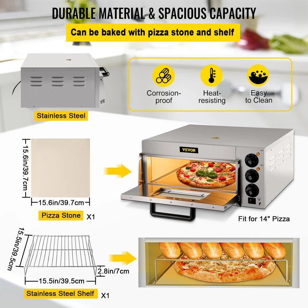 Commercial Pizza Oven 14 In. Single Deck Layer 1300-Watt Stainless Steel Electric Outdoor Pizza Oven With Stone & Shelf 8 Commercial Pizza Oven 14 In. Single Deck Layer 1300-Watt Stainless Steel Electric Outdoor Pizza Oven With Stone & Shelf - Image 6