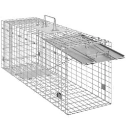 Live Animal Cage Trap 31 In. X 10 In. X 12 In. Humane Cat Trap Galvanized Iron, Folding Animal Trap With Handle