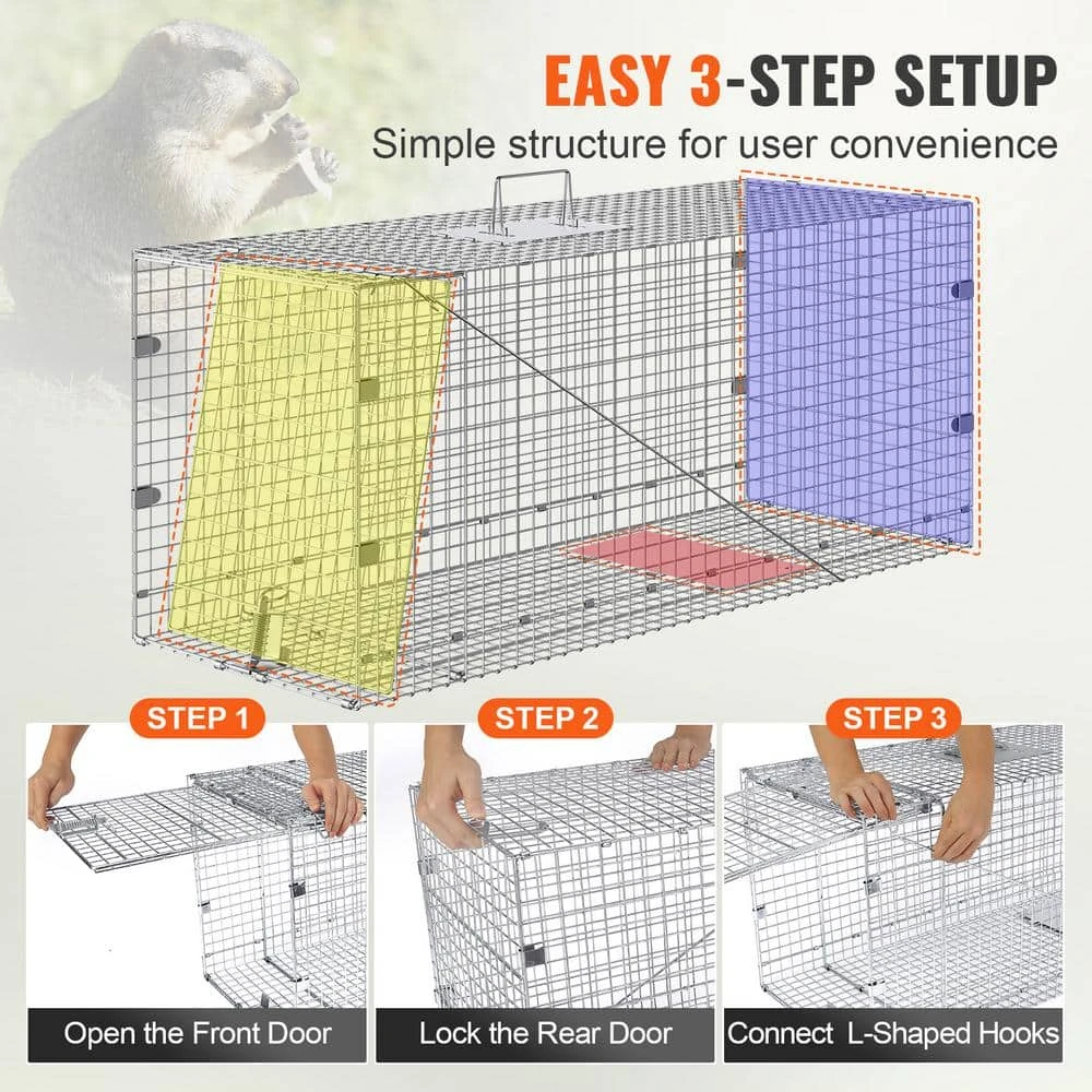 Live Animal Cage Trap 42 In. X 16 In. X 18 In. Humane Cat Trap Galvanized Iron Folding Animal Trap With Handle 7 Live Animal Cage Trap 42 In. X 16 In. X 18 In. Humane Cat Trap Galvanized Iron Folding Animal Trap With Handle - Image 5