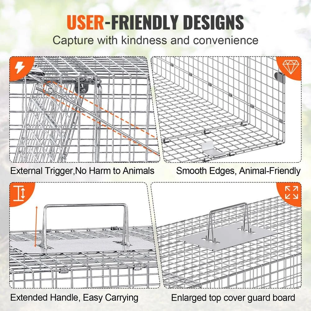 Live Animal Cage Trap 42 In. X 16 In. X 18 In. Humane Cat Trap Galvanized Iron Folding Animal Trap With Handle 5 Live Animal Cage Trap 42 In. X 16 In. X 18 In. Humane Cat Trap Galvanized Iron Folding Animal Trap With Handle - Image 3