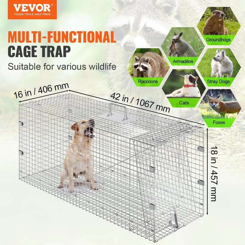 Live Animal Cage Trap 42 In. X 16 In. X 18 In. Humane Cat Trap Galvanized Iron Folding Animal Trap With Handle 4 Live Animal Cage Trap 42 In. X 16 In. X 18 In. Humane Cat Trap Galvanized Iron Folding Animal Trap With Handle - Image 2