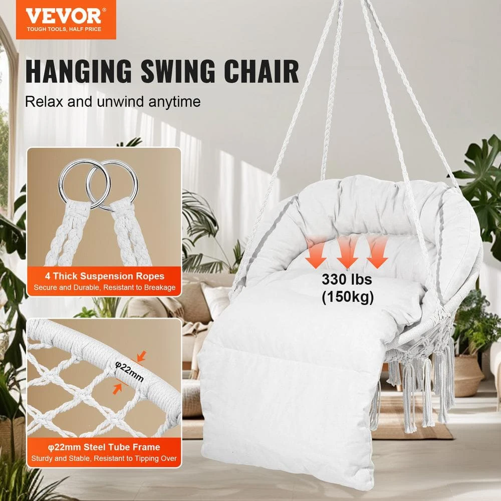 Hanging Hammock Swing Chair 330 Lbs. Capacity, Hammock Bed Macrame Hanging Chair With Cushion And Mounting Hardware 4 Hanging Hammock Swing Chair 330 Lbs. Capacity, Hammock Bed Macrame Hanging Chair With Cushion And Mounting Hardware - Image 2