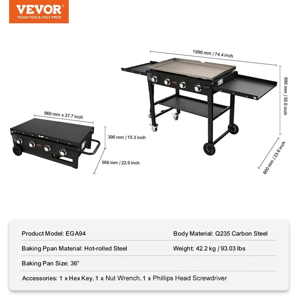 Flat Top Gas Grill On Cart 36 In. Outdoor Griddle Station 4-Burner Propane 60,000 BTU Restaurant Portable Grill In Black 4 Flat Top Gas Grill On Cart 36 In. Outdoor Griddle Station 4-Burner Propane 60,000 BTU Restaurant Portable Grill In Black - Image 2
