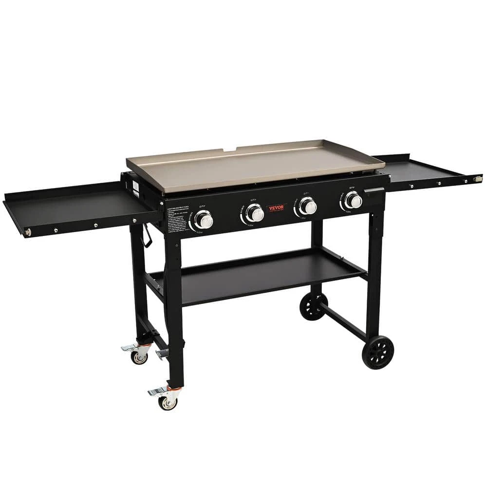 Flat Top Gas Grill On Cart 36 In. Outdoor Griddle Station 4-Burner Propane 60,000 BTU Restaurant Portable Grill In Black 3 Flat Top Gas Grill On Cart 36 In. Outdoor Griddle Station 4-Burner Propane 60,000 BTU Restaurant Portable Grill In Black