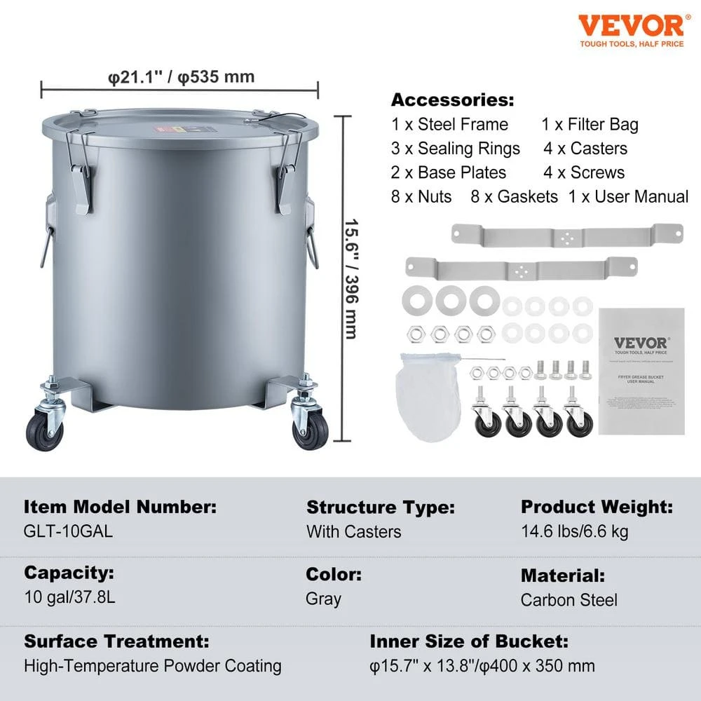 Fryer Grease Bucket 10 Gal Oil Disposal Caddy With Caster Base Carbon Steel Oil Transport Container, Gray 9 Fryer Grease Bucket 10 Gal Oil Disposal Caddy With Caster Base Carbon Steel Oil Transport Container, Gray - Image 7