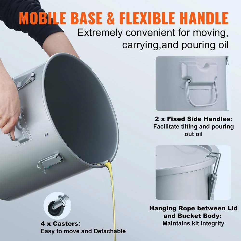 Fryer Grease Bucket 8 Gal Oil Disposal Caddy With Caster Base Carbon Steel Oil Transport Container, Gray 7 Fryer Grease Bucket 8 Gal Oil Disposal Caddy With Caster Base Carbon Steel Oil Transport Container, Gray - Image 5