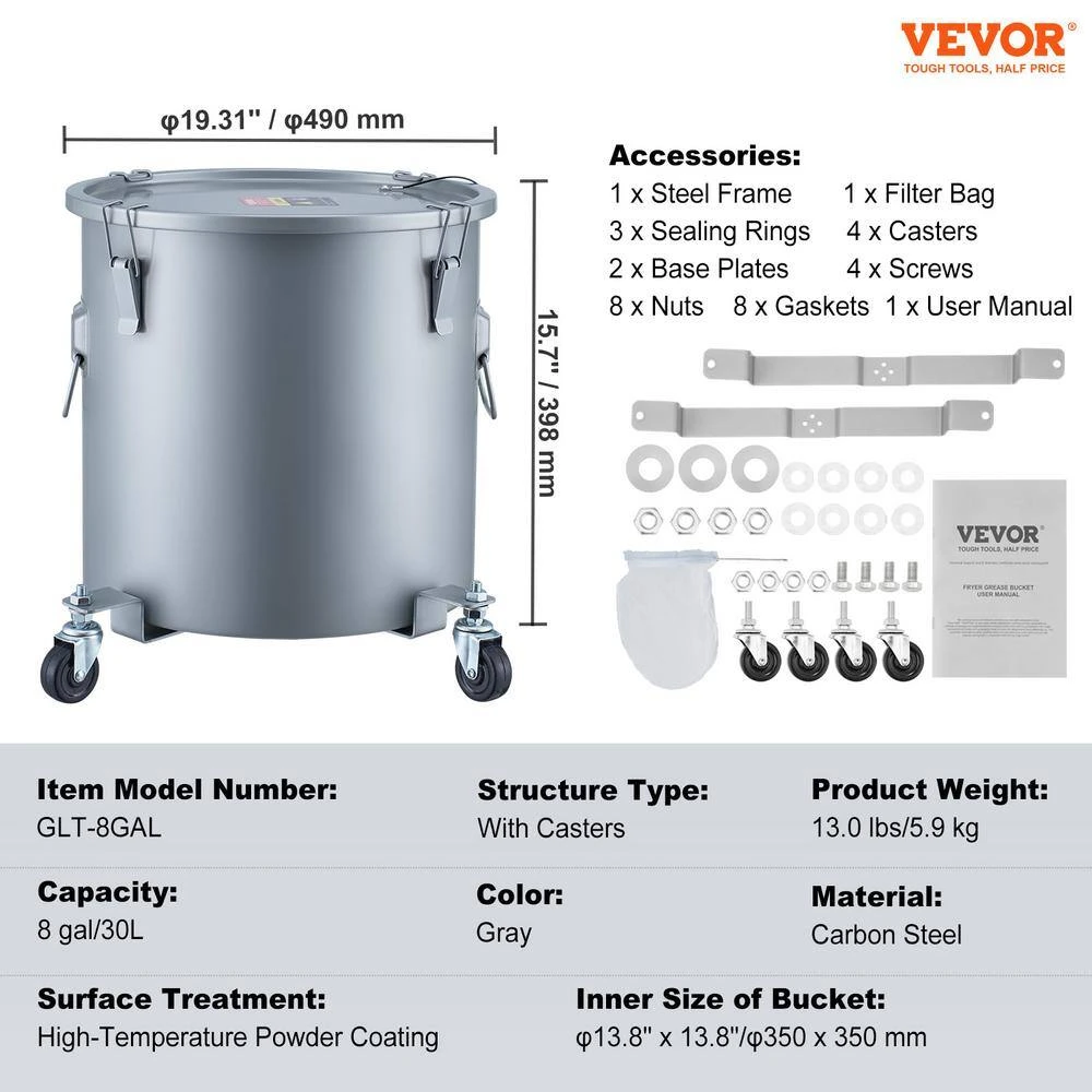 Fryer Grease Bucket 8 Gal Oil Disposal Caddy With Caster Base Carbon Steel Oil Transport Container, Gray 9 Fryer Grease Bucket 8 Gal Oil Disposal Caddy With Caster Base Carbon Steel Oil Transport Container, Gray - Image 7