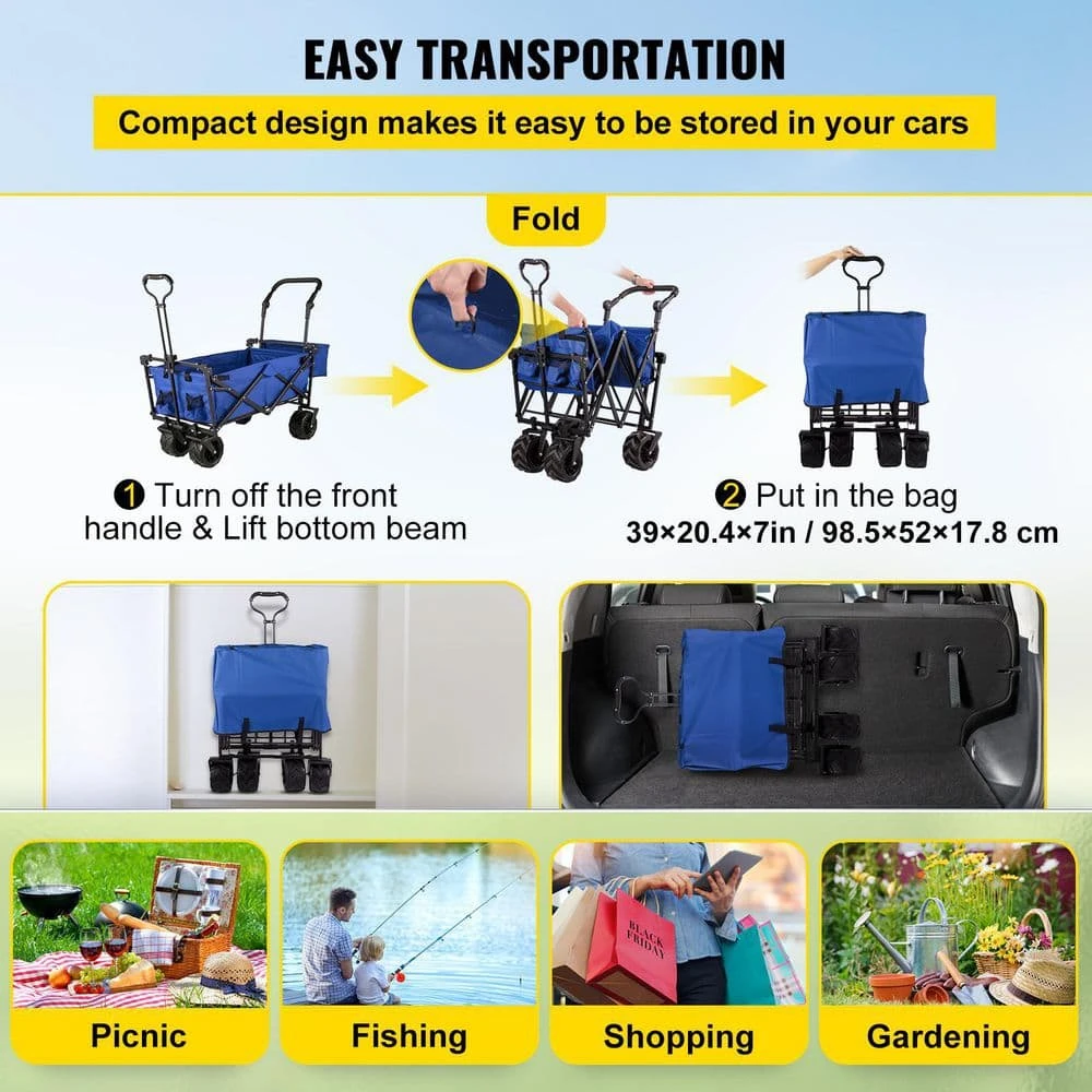 3 Cu.ft. Collapsible Wagon Cart Foldable Extra Large Collapsible Steel Garden Cart With Adjustable Handles, Blue 7 3 Cu.ft. Collapsible Wagon Cart Foldable Extra Large Collapsible Steel Garden Cart With Adjustable Handles, Blue - Image 5