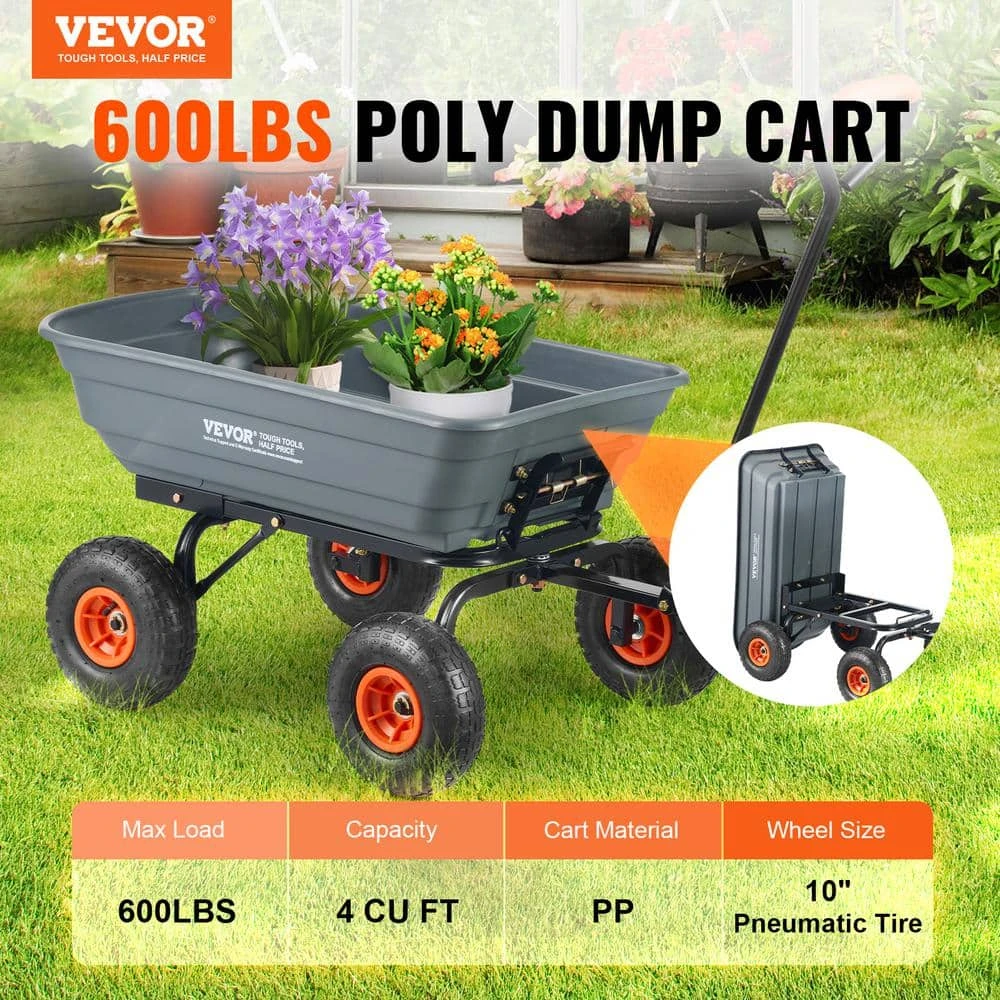 4 Cu. Ft. Dump Cart Poly With Easy To Assemble Steel Frame Dump Wagon With 2-in-1 Convertible Handle Garden Cart 4 4 Cu. Ft. Dump Cart Poly With Easy To Assemble Steel Frame Dump Wagon With 2-in-1 Convertible Handle Garden Cart - Image 2