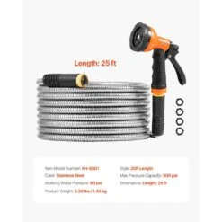Metal Garden Hose 0.38 In. Dia. X 25 Ft. Rust Proof Stainless Steel Water Hose, Heavy Duty Hose With 10 Function Nozzle -Patio Furniture Shop vevor garden hoses jstyrg25ft003kfyov0 76 1000