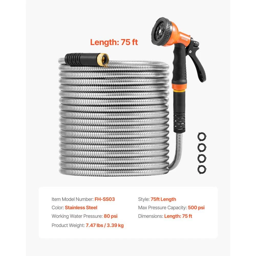 Metal Garden Hose 0.38 In. Dia. X 75 Ft., Rust Proof Stainless Steel Water Hose, Heavy Duty Hose With 10 Function Nozzle 9 Metal Garden Hose 0.38 In. Dia. X 75 Ft., Rust Proof Stainless Steel Water Hose, Heavy Duty Hose With 10 Function Nozzle - Image 7