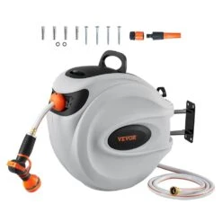 Retractable Hose Reel 1/2 In. Dia X 100 Ft. Garden Water Hose Reel With 9-Pattern Nozzle, 180° Swivel Bracket