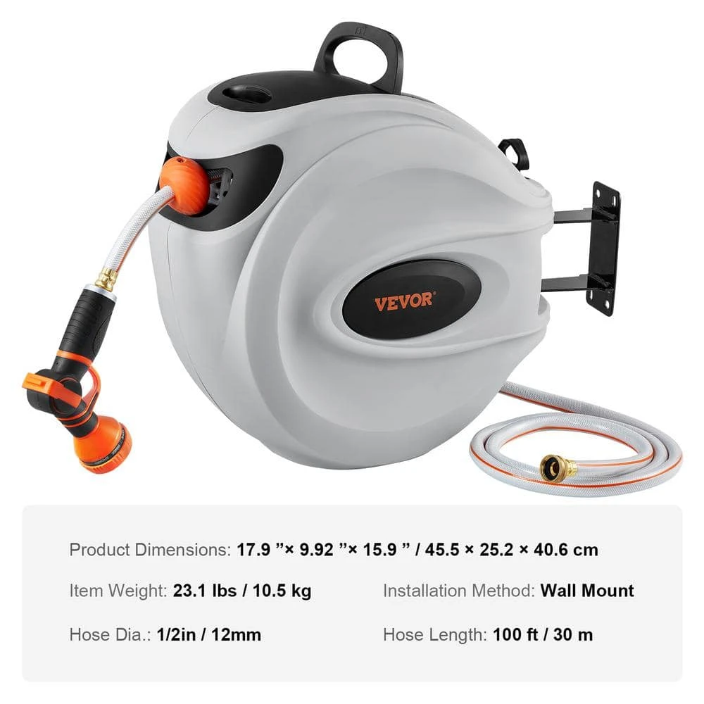 Retractable Hose Reel 1/2 In. Dia X 100 Ft. Garden Water Hose Reel With 9-Pattern Nozzle, 180° Swivel Bracket 9 Retractable Hose Reel 1/2 In. Dia X 100 Ft. Garden Water Hose Reel With 9-Pattern Nozzle, 180° Swivel Bracket - Image 7
