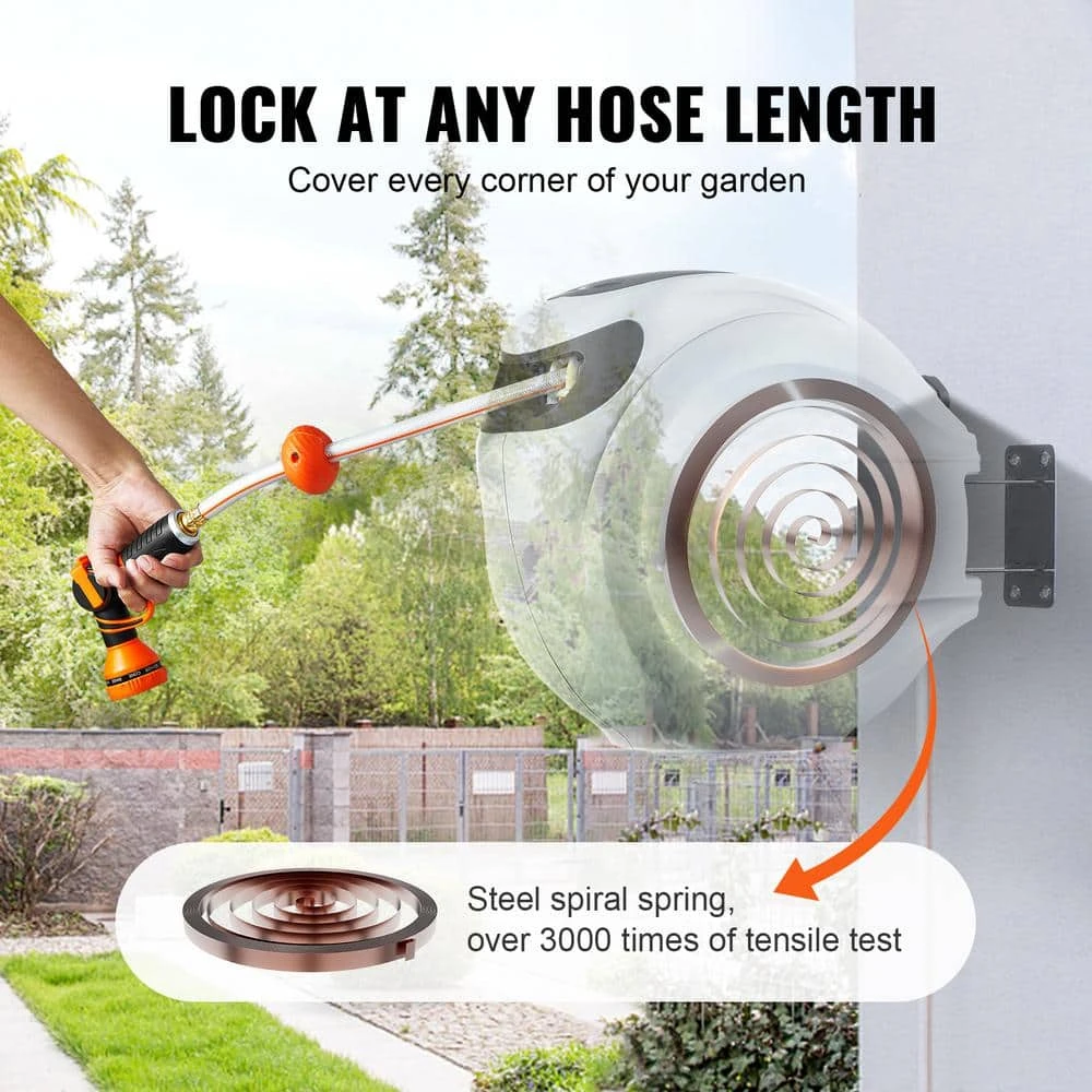 Retractable Hose Reel 5/8 In. Dia X 84 Ft. Garden Water Hose Reel W/9-Pattern Nozzle 180° Swivel Bracket Wall-Mounted 6 Retractable Hose Reel 5/8 In. Dia X 84 Ft. Garden Water Hose Reel W/9-Pattern Nozzle 180° Swivel Bracket Wall-Mounted - Image 4