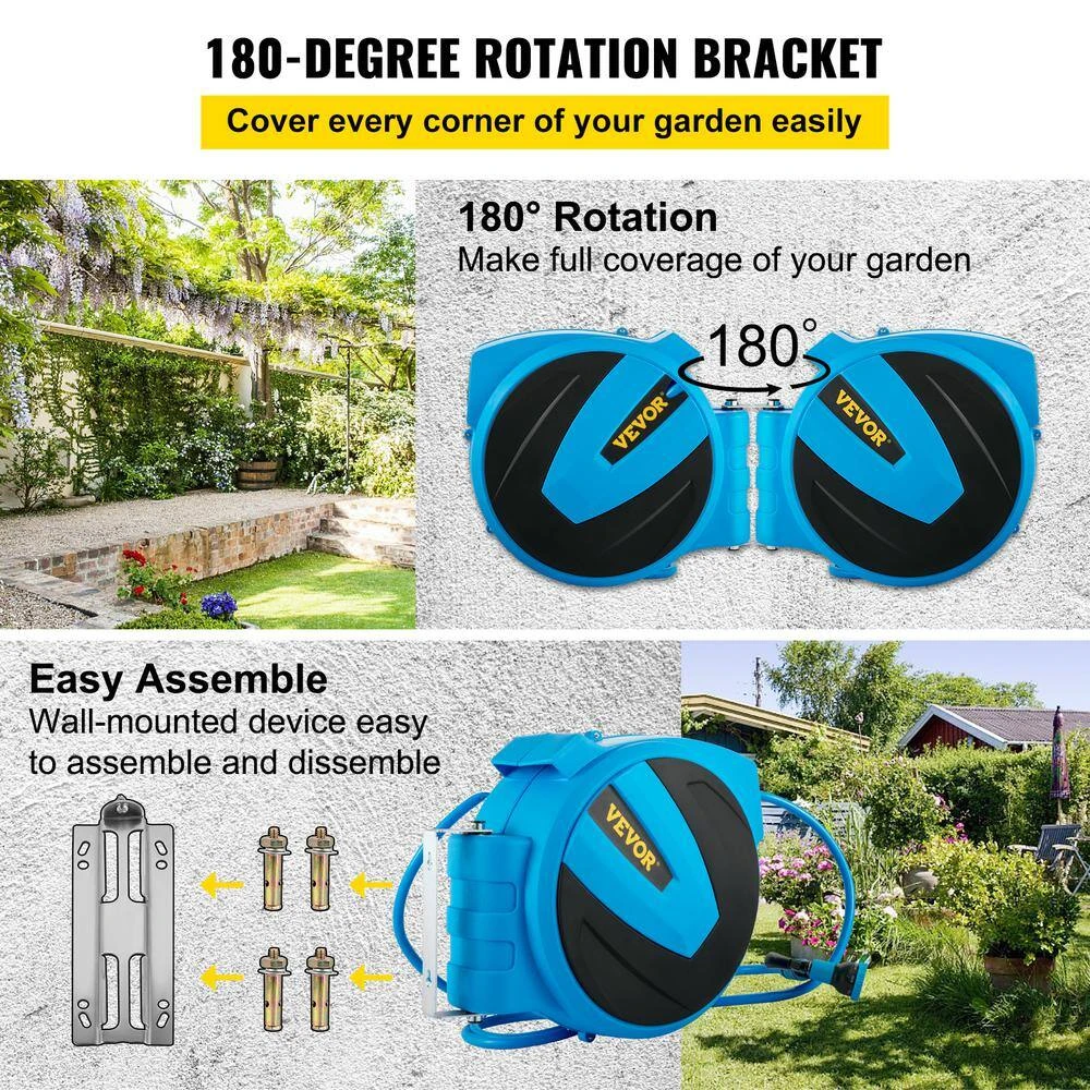 Retractable Hose Reel 1/2 In. X 75 Ft. Wall Mounted Garden Hose Reel With Swivel Bracket And 7 Pattern Nozzle Water Hose 7 Retractable Hose Reel 1/2 In. X 75 Ft. Wall Mounted Garden Hose Reel With Swivel Bracket And 7 Pattern Nozzle Water Hose - Image 5