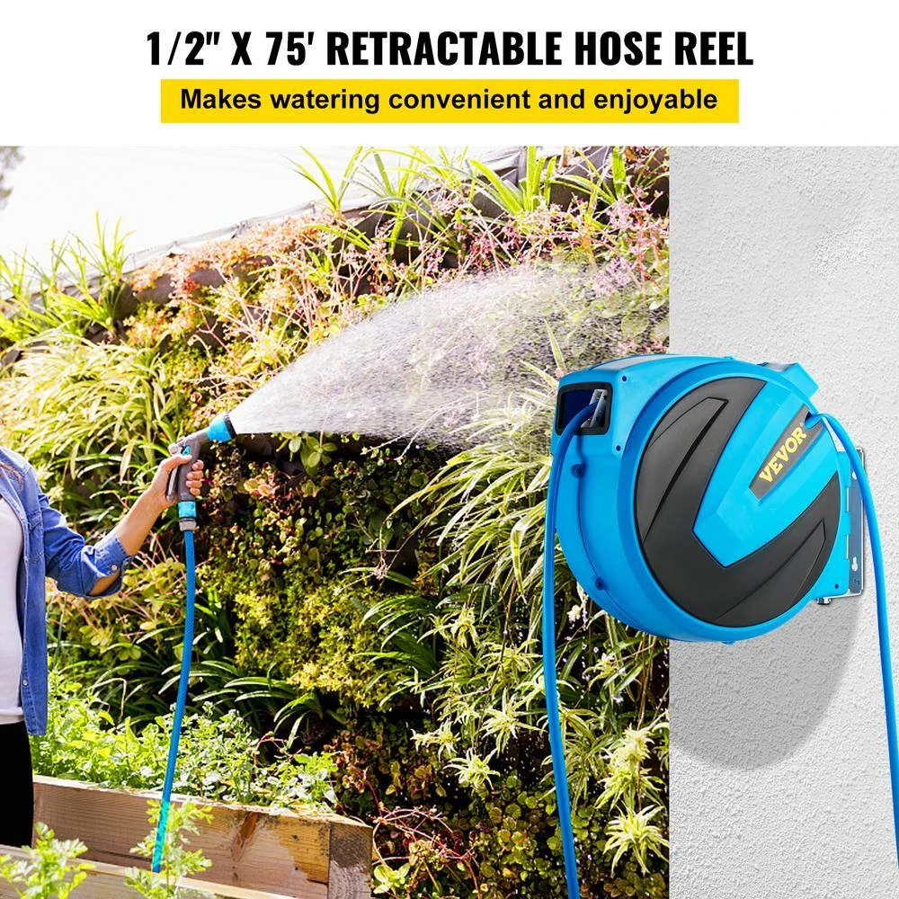 Retractable Hose Reel 1/2 In. X 75 Ft. Wall Mounted Garden Hose Reel With Swivel Bracket And 7 Pattern Nozzle Water Hose 4 Retractable Hose Reel 1/2 In. X 75 Ft. Wall Mounted Garden Hose Reel With Swivel Bracket And 7 Pattern Nozzle Water Hose - Image 2