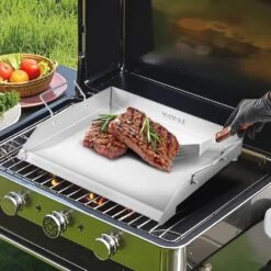 Stainless Steel Griddle 18 In. X 16 In. Universal Flat Top Rectangular Grills With 2 Handles And Grease Groove, Silver -Patio Furniture Shop vevor grill griddles skjpdjg16x18yc001v0 31 1000