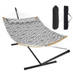2 Person 12.3 Ft Hammock With Stand Included Double Hammock With Curved Spreader Bar And Detachable Pillow